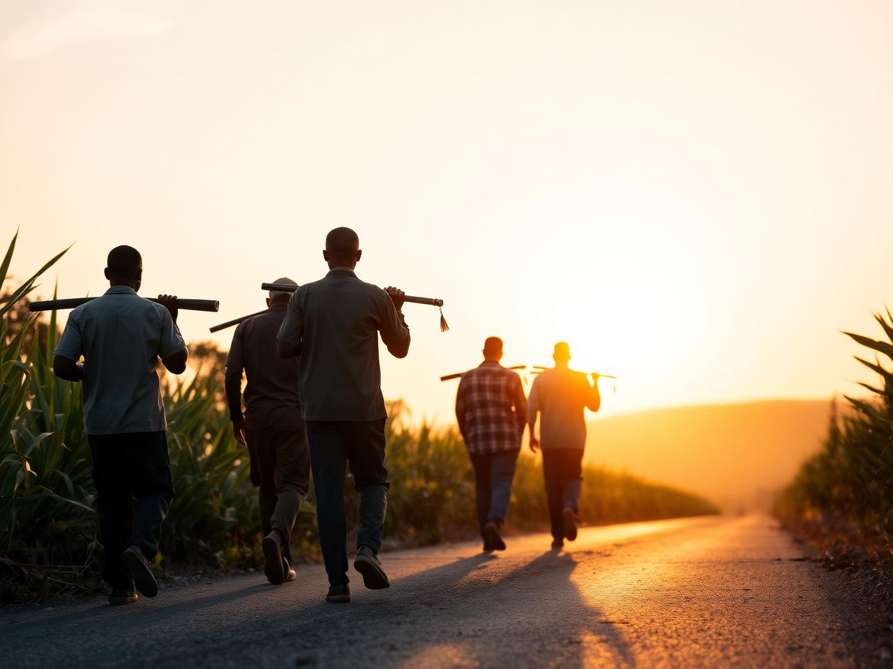 Field team walking a plantation road at dawn